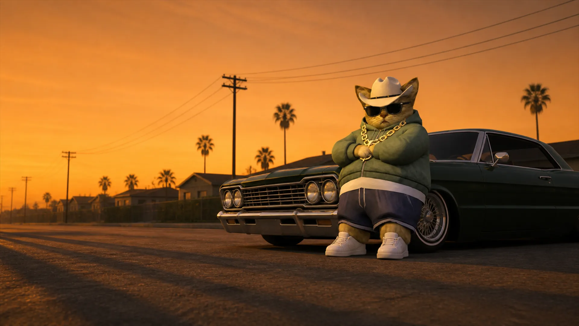 Leaning on the lowrider at golden hour